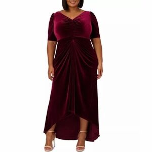 Adrianna Papell Plus Size Velvet V Neck Draped High Low Gown Burgundy 14W